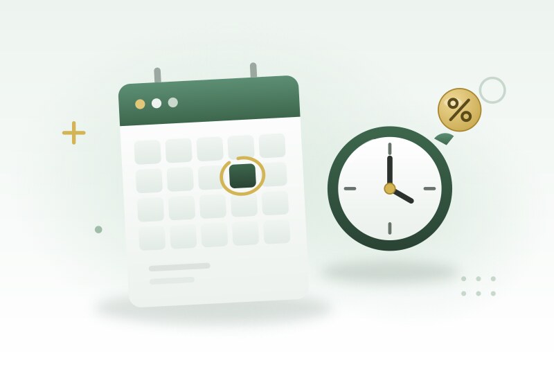 En kalender med ett inringat datum bredvid en klocka och en procentsymbol.